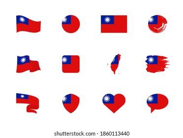 Taiwan flag - flat collection. Flags of different shaped twelve flat icons. Vector illustration set