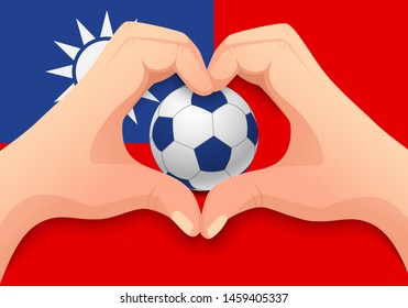 Taiwan flag and hand heart shape. National football background. Soccer ball with flag of Taiwan vector illustration