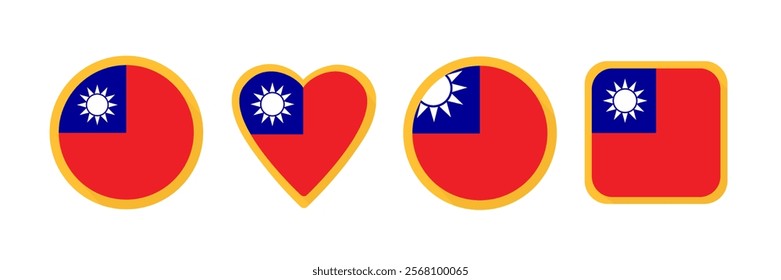 Taiwan flag icon set of square, circle and heart-shaped. Flat vector illustration isolated on white.