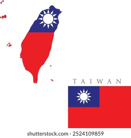 Conjunto de iconos de bandera de Taiwán. Banderín taiwanés en colores y proporciones oficiales. Rectangular, mapa - Ilustración vectorial plana aislada en blanco. taiwan mapa color oficial sobre fondo blanco