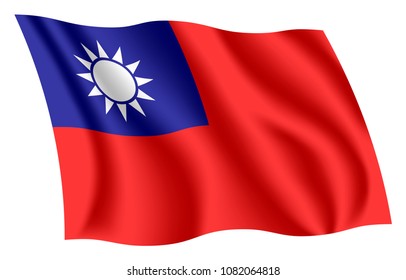 Taiwan flag. Isolated national flag of Taiwan. Waving flag of the Republic of China (ROC). Fluttering textile taiwanese flag. Blue Sky, White Sun, and a Wholly Red Earth.