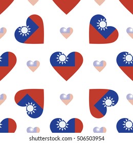 Taiwan flag patriotic seamless pattern. National flag in the shape of heart. Vector illustration.