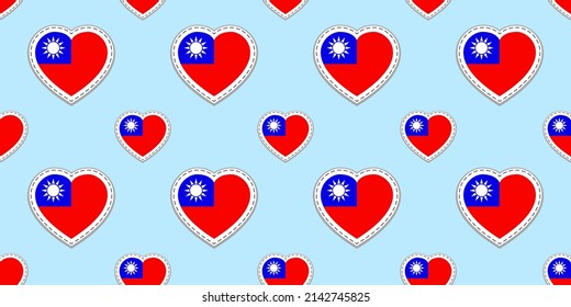 Taiwan flag seamless pattern. Taiwanese vector stickers. Love hearts symbols background. Good choice for sports pages, travel, geographic, elements. repeated flags icons patriotic wallpaper
