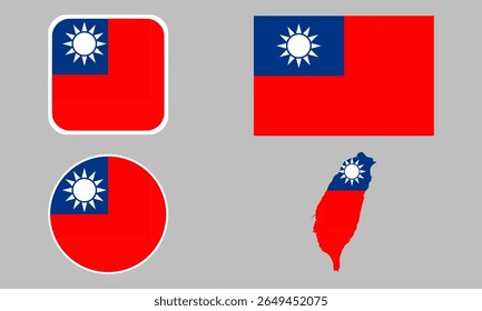 Conjunto de ícones da bandeira de Taiwan. Um conjunto de sinalizadores em formas quadradas, retangulares, de mapa e arredondadas. Ícone Sinalizador.