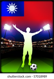 Taiwan Flag with Soccer Player on Stadium Background Original Illustration