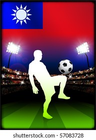 Taiwan Flag with Soccer Player on Stadium Background Original Illustration