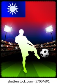 Taiwan Flag with Soccer Player on Stadium Background Original Illustration