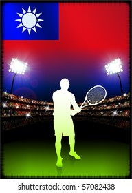 Taiwan Flag with Tennis Player on Stadium Background Original Illustration