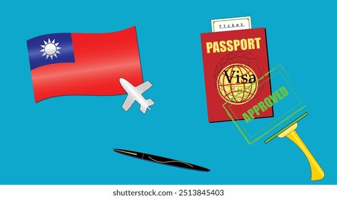 Taiwan flag with white plane icon. Passport with visa approved stamp. Black stylish Pen. Taiwani Travel poster. Editable vector EPS available