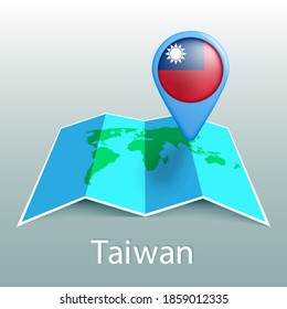 Mapa del mundo de la bandera de Taiwán en pin con el nombre del país