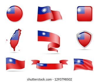 Taiwan flags collection. Flags and outline of the country. Vector illustration