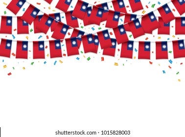 Taiwan flags garland white background with confetti, Hang bunting for Taiwanese independence Day celebration template banner, Vector illustration