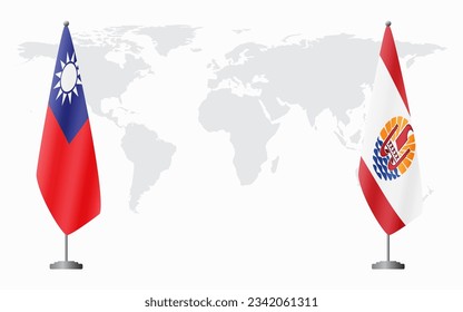 Taiwan and French Polynesia flags for official meeting against background of world map.
