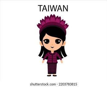 Taiwan girl wearing traditional outfit cartoon character vector illustration.