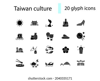Taiwan glyph icons set. Oriental specialty. Elements for travel agency and guide. Black filled symbol. Isolated vector stock illustration
