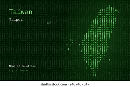 Taiwan Green Map Shown in Binary Code Pattern. TSMC. Matrix numbers, zero, one. World Countries Vector Maps. Digital Series