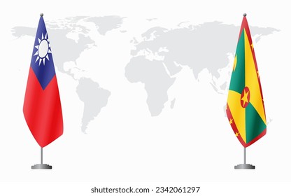 Taiwan and Grenada flags for official meeting against background of world map.