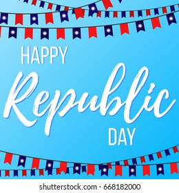 Taiwan. Happy Republic Day. Vector illustration with inscription and garlands with flags on a blue background. Template for greeting poster, card.