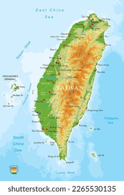 Taiwan highly detailed physical map