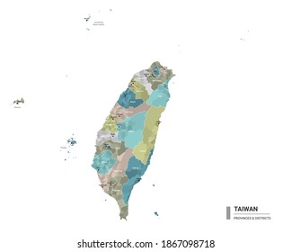 Taiwan detaillierte Karte mit Unterteilungen. Verwaltungskarte von Taiwan mit Bezirken und Städten Namen, farbig nach Staaten und Verwaltungsbezirken. Vektorgrafik.