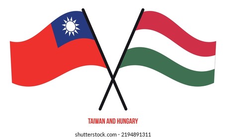 Taiwan and Hungary Flags Crossed And Waving Flat Style. Official Proportion. Correct Colors.