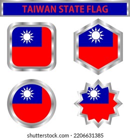taiwan icon flag round, hexagon, twelfth and square. Stainless frame. Vector illustration