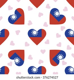 Taiwan independence day seamless pattern. Patriotic country flag background. Taiwan flag in the shape of heart. Vector seamless pattern.