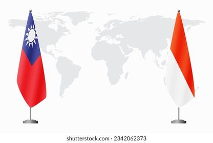 Taiwan and Indonesia flags for official meeting against background of world map.