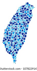 Taiwan Island Map collage of spheric dots in variable sizes and blue color tints. Scattered round elements are organized into Taiwan Island Map mosaic.
