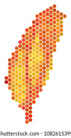 Taiwan Island map. Vector hex-tile territory map using flame color tints. Abstract Taiwan Island map composition is combined of flame hex-tile dots.