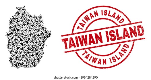 Taiwan Island rubber seal stamp, and Flores Island of Azores map mosaic of airplane elements. Mosaic Flores Island of Azores map created of aircraft. Red seal with Taiwan Island word,