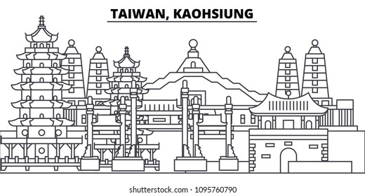 Taiwan, Kaohsiung line skyline vector illustration. Taiwan, Kaohsiung linear cityscape with famous landmarks, city sights, vector landscape. 