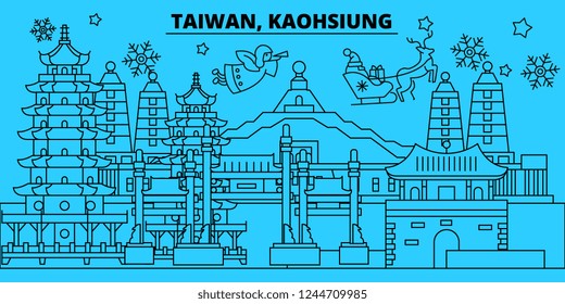 Taiwan, Kaohsiung winter holidays skyline. Merry Christmas, Happy New Year decorated banner with Santa Claus.Flat, outline vector.Taiwan, Kaohsiung linear christmas city illustration