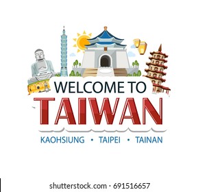 Taiwan lettering sticker header message with traditional sights architecture symbols of country capital