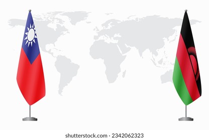 Taiwan and Malawi flags for official meeting against background of world map.