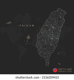 Taiwan map abstract geometric mesh polygonal light concept with black and white glowing contour lines countries and dots on dark background. Vector illustration.