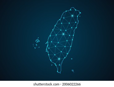 Mapa de Taiwán Resumen de la línea de mash y escalas de puntos en el fondo oscuro. Línea de red poligonal de malla 3D del marco de cables. Línea de red, esfera de diseño, punto y vector de estructura.