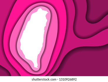 Taiwan map abstract schematic from pink layers paper cut 3D waves and shadows one over the other. Layout for banner, poster, greeting card. Vector illustration.