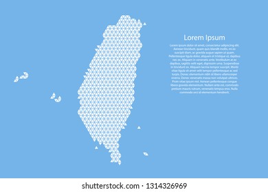 Taiwan map abstract schematic from white  triangles repeating pattern geometric on light blue background with nodes for banner, poster, greeting card. Vector illustration.