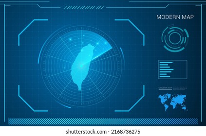 Taiwan map of blue digital frame technology radar vector HUD, GUI, UI interface.