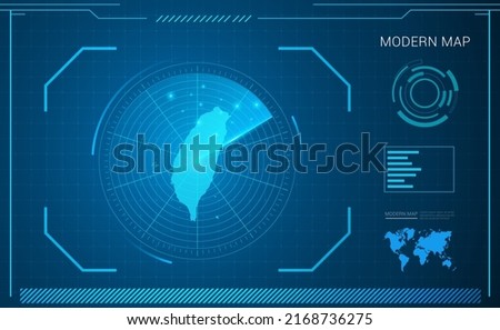 Taiwan map of blue digital frame technology radar vector HUD, GUI, UI interface.