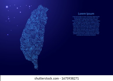 Taiwan map from blue isolines or level line geographic topographic map grid and glowing space stars. Vector illustration.