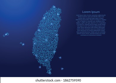 Taiwan map from blue pattern latin alphabet scattered letters and glowing space stars grid. Vector illustration.