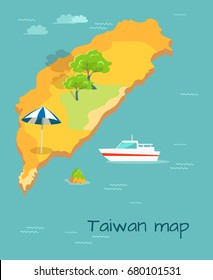 Taiwan map cartography design. Chinese land with sun umbrella, cruise liner ship in Pacific ocean. Vector illustration of small green island, trees and endless water, travel concept in cartoon style