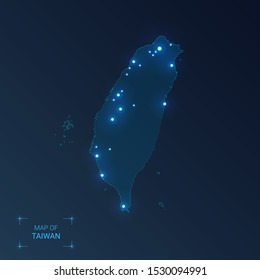 Taiwan map with cities. Luminous dots - neon lights on dark background. Vector illustration. 