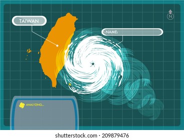 Taiwan Map with Eye of Typhoon, Cyclone or Storm Vector. Editable Clip Art.