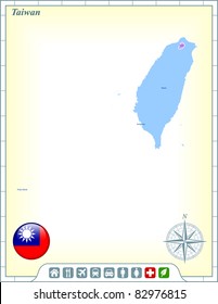 Taiwan Map with Flag Buttons and Assistance & Activates Icons Original Illustration