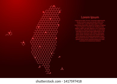 Taiwan map from futuristic hexagonal shapes, lines, points red and glowing stars in nodes, form of honeycomb or molecular structure for banner, poster, greeting card. Vector illustration.
