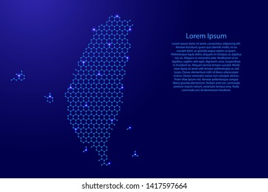 Taiwan map from futuristic hexagonal shapes, lines, points  blue and glowing stars in nodes, form of honeycomb or molecular structure for banner, poster, greeting card. Vector illustration.