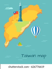 Taiwan map with high skyscraper Taipei, flag of island in Pacific Ocean. Striped blue and white ballon flying over blue water. Vector illustration of Formosa location and sights cartoon style.